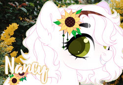 Size: 1110x762 | Tagged: safe, artist:kimio666, oc, oc only, earth pony, pony, ear fluff, earth pony oc, eyelashes, female, flower, grin, mare, outdoors, smiling, solo, sunflower