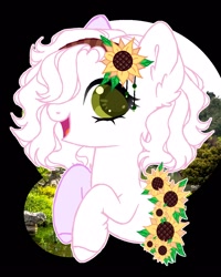 Size: 1000x1250 | Tagged: safe, artist:kimio666, oc, oc only, earth pony, pony, black background, bust, ear fluff, earth pony oc, female, flower, flower in hair, mare, open mouth, simple background, smiling, solo, sunflower