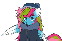 Size: 3000x2000 | Tagged: safe, artist:nelu, artist:osukel, oc, oc only, oc:media smile, pegasus, pony, blushing, clothes, collaboration, eyebrows, high res, looking at you, outfit, pegasus oc, simple background, sketch, solo, white background, winter clothes, winter outfit