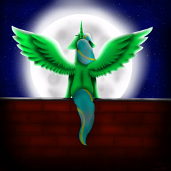 Size: 2449x2449 | Tagged: safe, artist:maneblue, oc, oc only, alicorn, pony, alicorn oc, full moon, high res, horn, moon, night, outdoors, sitting, solo, spread wings, stars, wings