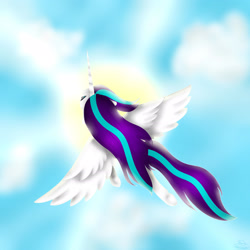 Size: 2449x2449 | Tagged: safe, artist:maneblue, oc, oc only, alicorn, pony, alicorn oc, female, flying, high res, horn, mare, outdoors, solo, wings