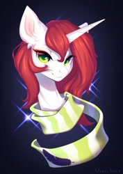 Size: 1923x2720 | Tagged: safe, artist:vincher, oc, oc only, pony, unicorn, clothes, disembodied head, feather, green eyes, high res, horn, long horn, looking at you, scarf, signature, smiling, smiling at you, solo