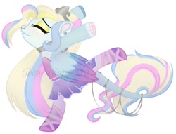 Size: 1172x894 | Tagged: safe, artist:teonnakatztkgs, oc, oc only, pegasus, pony, base used, dancing, eyes closed, female, jewelry, mare, nose piercing, nose ring, pegasus oc, piercing, raised leg, simple background, solo, tiara, white background, wings