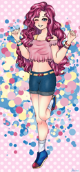 Size: 462x1000 | Tagged: safe, artist:akaruiyoso, pinkie pie, human, g4, blushing, bracelet, clothes, denim shorts, female, humanized, jewelry, one eye closed, shorts, socks, solo, wink