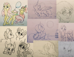 Size: 1787x1396 | Tagged: safe, artist:razledazle, oc, oc only, alicorn, human, pony, balloon, bust, glasses, lineart, looking up, sketch, sketch dump, traditional art