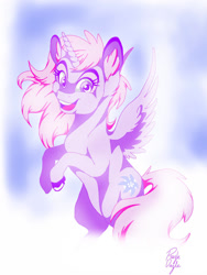 Size: 1017x1353 | Tagged: safe, artist:razledazle, oc, oc only, alicorn, pony, alicorn oc, eyelashes, female, horn, mare, signature, smiling, wings