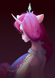 Size: 1189x1667 | Tagged: safe, artist:teaflower300, idw, princess amore, pony, unicorn, comic:the princess of love, g4, clothes, colored pupils, crown, curved horn, eyelashes, feather, female, horn, jewelry, looking down, necklace, pearl necklace, pink mane, regalia, signature, simple background, sitting, solo