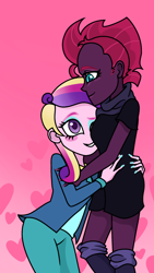 Size: 1080x1920 | Tagged: safe, artist:sallyso, dean cadance, princess cadance, tempest shadow, equestria girls, g4, boots, clothes, coat, duo, equestria girls-ified, eyeshadow, female, grin, hug, lesbian, looking at each other, looking at someone, makeup, nail polish, pants, scarf, shipping, shirt, shoes, skirt, smiling, socks, t-shirt, tempestdance