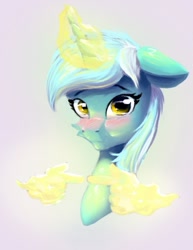 Size: 623x805 | Tagged: safe, artist:itssim, lyra heartstrings, pony, unicorn, g4, blushing, bust, cute, emoji, female, fingers, fingers together, glowing, glowing horn, gray background, hand, horn, is for me, looking at you, lyrabetes, magic, magic hands, mare, peeposhy, pointing, portrait, simple background, smiling, solo, that pony sure does love hands, yellow eyes