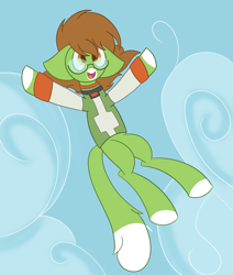 Size: 1699x1999 | Tagged: safe, artist:derpy_the_duck, oc, oc:pidge, earth pony, pony, clothes, falling, glasses, sky, solo, superhero, tail