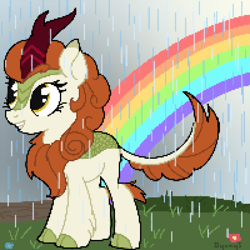 Size: 1389x1389 | Tagged: safe, artist:dyonys, autumn blaze, kirin, pony, g4, februpony, pixel art, rain, rainbow, solo, standing