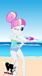 Size: 1080x1920 | Tagged: safe, artist:onlymeequestrian, oc, oc only, oc:brightfull flux, equestria girls, g4, beach, clothes, equestria girls-ified, female, hand on hip, one eye closed, one-piece swimsuit, solo, swimsuit, watergun