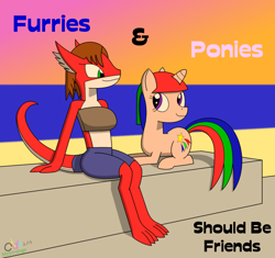 Size: 1090x1026 | Tagged: safe, artist:oddymcstrange, oc, oc:rochelle emberose, oc:varia roundhorn, dragon, pony, unicorn, beach, clothes, dragoness, duo, duo female, female, friends, furry, furry oc, looking at each other, looking at someone, lying down, mare, non-mlp oc, ocean, op is a swan, prone, shorts, smiling, water