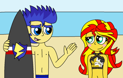 Size: 1070x684 | Tagged: safe, artist:alonso1711, flash sentry, sunset shimmer, equestria girls, g4, beach, belly button, bikini, blushing, clothes, female, male, male nipples, nipples, nudity, ship:flashimmer, shipping, straight, sunset shimmer's beach shorts swimsuit, surfboard, swimming trunks, swimsuit
