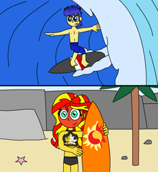 Size: 1064x1158 | Tagged: safe, artist:alonso1711, flash sentry, sunset shimmer, starfish, equestria girls, g4, belly button, bikini, blushing, clothes, female, male, male nipples, nipples, nudity, ship:flashimmer, shipping, straight, sunset shimmer's beach shorts swimsuit, surfboard, surfing, swimming trunks, swimsuit