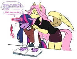 Size: 1126x868 | Tagged: safe, artist:redxbacon, fluttershy, twilight sparkle, pegasus, unicorn, anthro, g4, book, clothes, duo, duo female, eyes closed, female, heart, kiss on the head, lesbian, magic, magic aura, ship:twishy, shipping, shirt, simple background, skirt, spread wings, sweat, tallershy, vest, white background, wings
