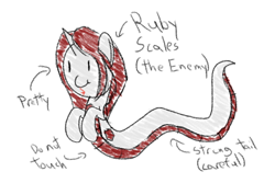 Size: 600x400 | Tagged: safe, artist:mightyshockwave, oc, oc only, oc:ruby scales, lamia, original species, crayon, crayon drawing, cute, drawing, text, traditional art
