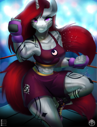 Size: 2249x2954 | Tagged: safe, artist:maàra djayt, oc, oc only, oc:selune darkeye, unicorn, anthro, plantigrade anthro, abs, body markings, boxing, boxing gloves, boxing ring, boxing shorts, commission, female, flowing hair, flowing mane, flowing tail, high res, horn, lights, looking at you, markings, mealy mouth (coat marking), moon, muscles, muscular female, redhead, smiling, smiling at you, solo, sports, sweat, tail, unicorn oc