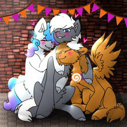 Size: 671x671 | Tagged: safe, artist:fruscha_pear, oc, oc only, oc:mazz, oc:steam hooves, earth pony, pegasus, pony, blushing, candy, chest fluff, colored pupils, commission, cuddling, ear fluff, eyebrows, eyelashes, eyes closed, floating heart, floppy ears, food, friends, heart, lollipop, male, nuzzling, one eye closed, sitting, smiling, spread wings, stallion, stallion on stallion, trio male, wholesome, wings