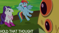 Size: 1280x720 | Tagged: safe, edit, edited screencap, editor:quoterific, screencap, rainbow dash, rarity, bufogren, pegasus, pony, unicorn, g4, season 8, the end in friend, crying, female, floppy ears, flying, male, mare, open mouth, spread wings, tears of pain, wings