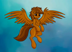 Size: 2153x1561 | Tagged: safe, oc, oc:mazz, pegasus, pony, commission, cute, ear fluff, floating, flying, open mouth, smiling, solo, spread wings, wings