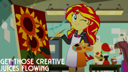 Size: 1280x720 | Tagged: safe, edit, edited screencap, editor:quoterific, screencap, sunset shimmer, velvet sky, wiz kid, equestria girls, g4, my little pony equestria girls: summertime shorts, the art of friendship, apron, clothes, cute, eyes closed, female, flower, jacket, leather, leather jacket, male, one eye closed, shimmerbetes, smiling, solo focus, sunflower, wink