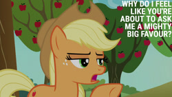 Size: 1280x720 | Tagged: safe, edit, edited screencap, editor:quoterific, screencap, applejack, earth pony, pony, g4, grannies gone wild, season 8, apple, apple tree, applejack's hat, cowboy hat, female, food, hat, mare, open mouth, solo, tree