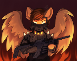 Size: 1920x1536 | Tagged: safe, artist:freak_side_inc, oc, oc only, oc:mazz, pegasus, pony, robot, armor, commission, fire, glowing, gun, male, serious, serious face, solo, spikes, stallion, weapon