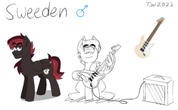 Size: 1400x868 | Tagged: safe, artist:beefgummies, oc, oc:sweeden, pegasus, pony, amplifier, cutie mark, electric guitar, guitar, lazy background, looking at you, male, monochrome, musical instrument, playing instrument, red mane, reference sheet, solo, stallion, thick eyebrows, wing hands, wings