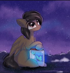 Size: 1078x1126 | Tagged: safe, artist:janelearts, oc, oc:mazz, butterfly, pegasus, pony, :p, crossed hooves, cute, folded wings, glowing, jar, male, night, night sky, sitting, sky, solo, stallion, stars, tongue out, wings