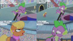 Size: 1280x720 | Tagged: safe, edit, edited screencap, editor:quoterific, screencap, ms. harshwhinny, spike, dragon, earth pony, pony, equestria games (episode), g4, season 4, duo, eyes closed, female, male, mare, open mouth, open smile, shrunken pupils, smiling, sweat