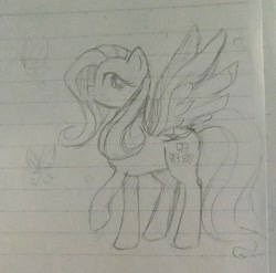 Size: 1080x1069 | Tagged: safe, artist:namaenonaipony, fluttershy, butterfly, pegasus, pony, g4, female, lined paper, mare, sketch, solo
