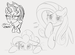 Size: 1298x953 | Tagged: safe, artist:dotkwa, fluttershy, pinkie pie, pistachio, earth pony, pegasus, pony, g4, bust, female, floppy ears, gray background, grayscale, mare, monochrome, rule 63, simple background, sketch, sketch dump, smiling, trio