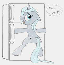 Size: 666x679 | Tagged: safe, artist:dotkwa, oc, oc only, oc:polarity pop, pony, unicorn, adorable distress, butt, cute, female, floppy ears, help, looking back, magnetic, mare, open mouth, plot, refrigerator, simple background, solo, speech bubble, white background