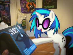 Size: 3264x2448 | Tagged: safe, artist:millennial dan, artist:mlptmntfan2000, dj pon-3, vinyl scratch, pony, unicorn, g4, background pony, female, glasses, high res, irl, mare, photo, ponies in real life, solo