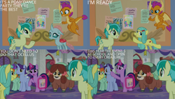 Size: 1280x720 | Tagged: safe, edit, edited screencap, editor:quoterific, screencap, november rain, ocellus, peppermint goldylinks, sandbar, smolder, twilight sparkle, yona, alicorn, changeling, dragon, earth pony, pegasus, pony, unicorn, yak, g4, season 9, she's all yak, disguise, disguised changeling, dragoness, female, flying, friendship student, magic, male, mare, open mouth, open smile, pony ocellus, school of friendship, smiling, stallion, telekinesis, twilight sparkle (alicorn), wings