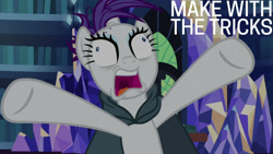 Size: 1280x720 | Tagged: safe, edit, edited screencap, editor:quoterific, screencap, rarity, pony, unicorn, g4, it isn't the mane thing about you, season 7, female, mare, open mouth, shrunken pupils, solo, twilight's castle