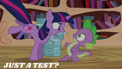 Size: 1280x720 | Tagged: safe, edit, edited screencap, editor:quoterific, screencap, spike, twilight sparkle, dragon, pony, unicorn, g4, season 3, the crystal empire, book, duo, female, golden oaks library, male, mare, open mouth, unicorn twilight