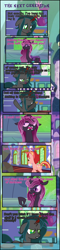 Size: 1153x4844 | Tagged: safe, artist:shootingstarsentry, oc, oc:nightshade (digimonlover101), oc:queen larva, oc:star curve, changeling, changepony, hybrid, pony, unicorn, comic:the next generation, comic, female, interspecies offspring, mare, offspring, parent:king sombra, parent:queen chrysalis, parent:starlight glimmer, parent:sunburst, parents:chrysombra, parents:starburst, purple changeling