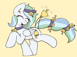 Size: 2357x1768 | Tagged: safe, artist:monycaalot, oc, oc:river chime, pegasus, pony, abstract background, bells, big tail, female, music notes, smiling, solo, tail