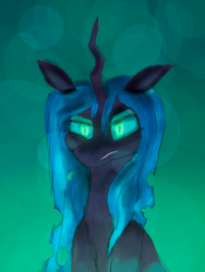 Size: 1920x2560 | Tagged: source needed, safe, artist:xelksor, queen chrysalis, g4, bust, green background, green eyes, horn, portrait, simple background