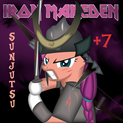 Size: 3500x3500 | Tagged: safe, artist:strategypony, sunny starscout, earth pony, pony, g5, my little pony: a new generation, album, angry, armor, braid, bruised, female, fighting stance, heavy metal, helmet, high res, iron maiden, katana, looking at you, mane, mare, parody, ponified, ponified album cover, samurai, senjutsu, serious, simple background, sword, text, weapon