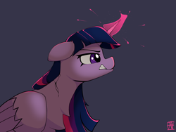 Size: 2500x1875 | Tagged: safe, artist:naen, twilight sparkle, alicorn, pony, g4, angry, chest fluff, ears back, female, gritted teeth, horn, magic, mare, side view, simple background, solo, sparking horn, teeth, twilight sparkle (alicorn), wings