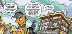 Size: 2261x1080 | Tagged: safe, artist:tonyfleecs, idw, quibble pants, earth pony, pony, g4, spoiler:comic, spoiler:friendship in disguise01, book, cloud, crossover, male, newspaper, newsstand, rainbow, stallion