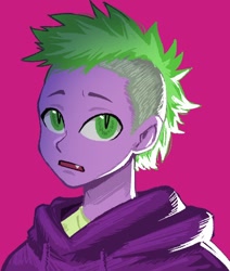 Size: 448x528 | Tagged: safe, artist:nairdags, spike, human, clothes, hoodie, humanized, looking at you, slit pupils, solo