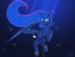 Size: 5000x3792 | Tagged: safe, artist:ccruelangel, princess luna, alicorn, pony, blue background, blue mane, bubble, chains, crepuscular rays, depression, diving, ethereal mane, eyes closed, feather, female, flowing mane, high res, horn, mare, no tail, ocean, sad, signature, simple background, solo, sparkles, spread wings, starry mane, sunlight, tired, underwater, water, wings