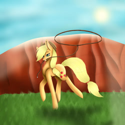 Size: 2449x2449 | Tagged: safe, artist:maneblue, applejack, earth pony, pony, g4, female, high res, lasso, mare, mountain, mouth hold, outdoors, rope