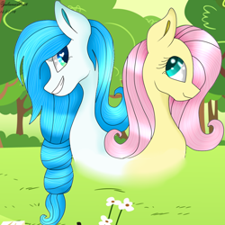 Size: 1000x1000 | Tagged: safe, artist:yulianapie26, fluttershy, oc, earth pony, pegasus, pony, g4, bust, duo, earth pony oc, eyelashes, grin, outdoors, smiling