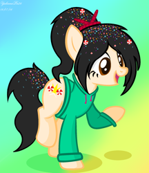 Size: 1496x1730 | Tagged: safe, artist:pegasski, artist:yulianapie26, earth pony, pony, g4, abstract background, base used, clothes, clothes swap, eyelashes, female, filly, foal, hoodie, mare, ponified, smiling, solo, vanellope von schweetz, wreck-it ralph