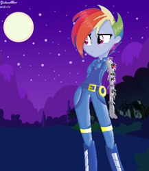 Size: 436x502 | Tagged: safe, artist:yulianapie26, rainbow dash, equestria girls, g4, the cutie re-mark, alternate hairstyle, alternate timeline, amputee, apocalypse dash, armor, base used, belt, clothes, combat armor, crystal war timeline, cybernetic arm, female, frown, full moon, looking offscreen, moon, mountain, night, outdoors, prosthetic arm, prosthetic limb, prosthetics, sad, scar, shading, show accurate, signature, solo, standing, stars, three quarter view, tree, uniform, wonderbolts, wonderbolts uniform